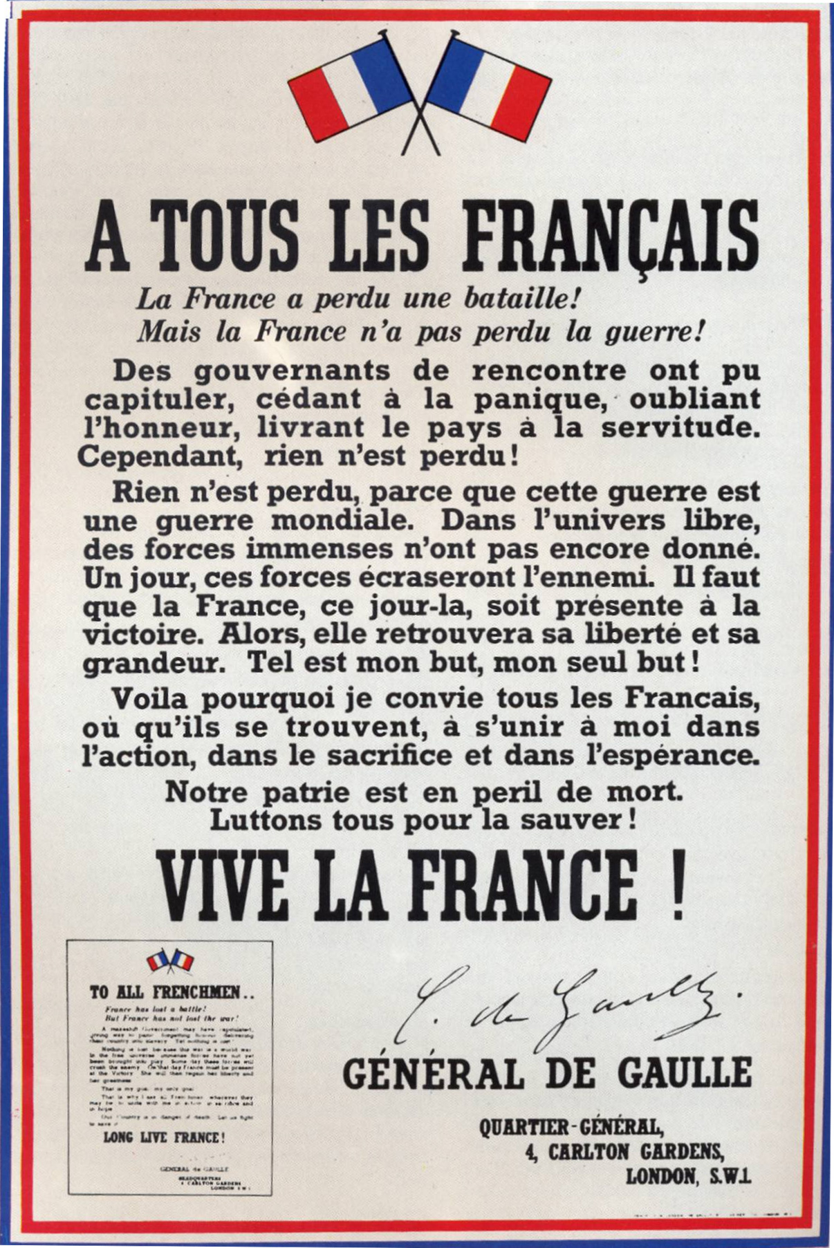 Affiche de l'appel du Général de Gaulle